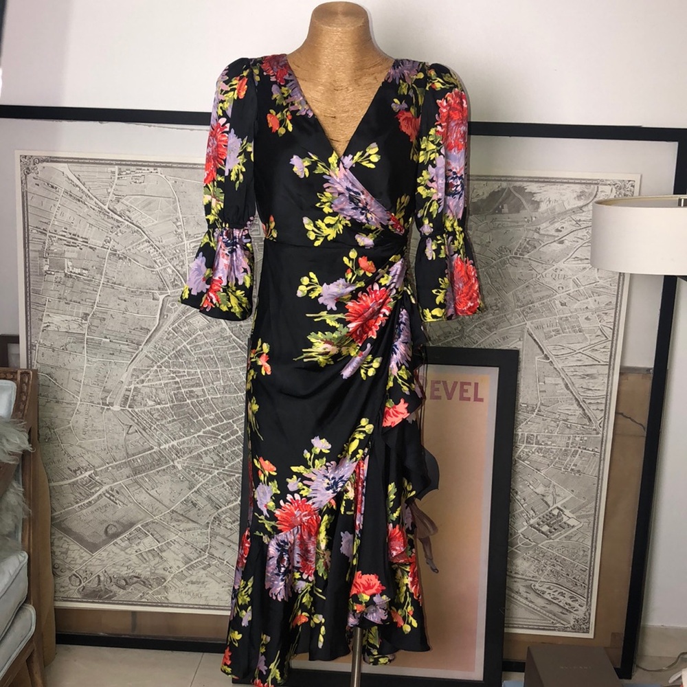 CINQ A SEPT Floral Wrap Dress - Black with Red and Purple Accents Size 0